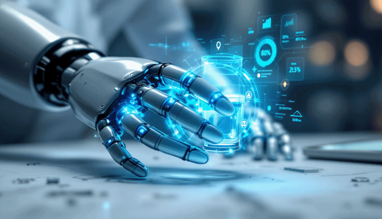 촉각 센서와 근접 센서가 장착된 로봇 손이 섬세한 물체를 다루는 모습과 감지 시각화를 보여주는 이미지