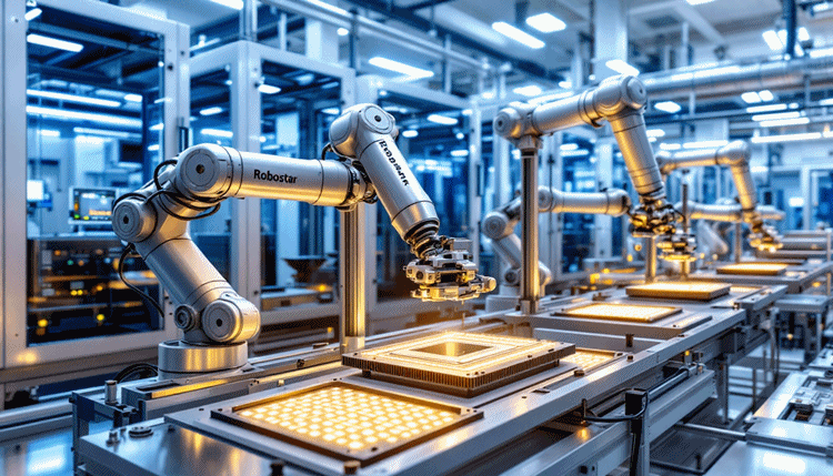 로보스타 로봇이 반도체 클린룸에서 웨이퍼를 정밀하게 옮기는 모습