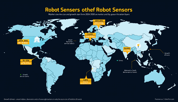 2024년부터 2030년까지 로봇 센서 시장의 글로벌 성장과 주요 성장 동력들을 나타낸 인포그래픽 지도