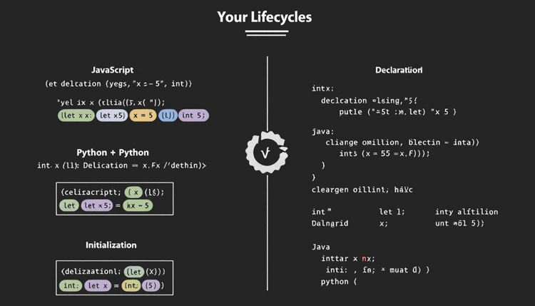 변수의 선언, 초기화, 할당 과정을 보여주는 프로그램 언어별 코드 예시와 변수 이름 짓기와 스코프를 시각화한 이미지