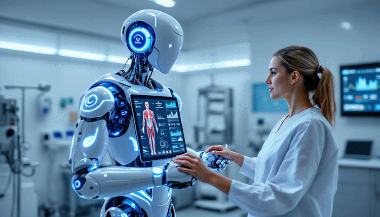 AI가 환자 데이터를 분석하며 맞춤 재활 치료를 지원하는 장면