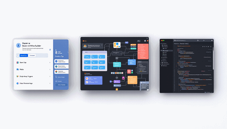Zapier, Make, n8n 세 가지 툴의 인터페이스 비교 화면