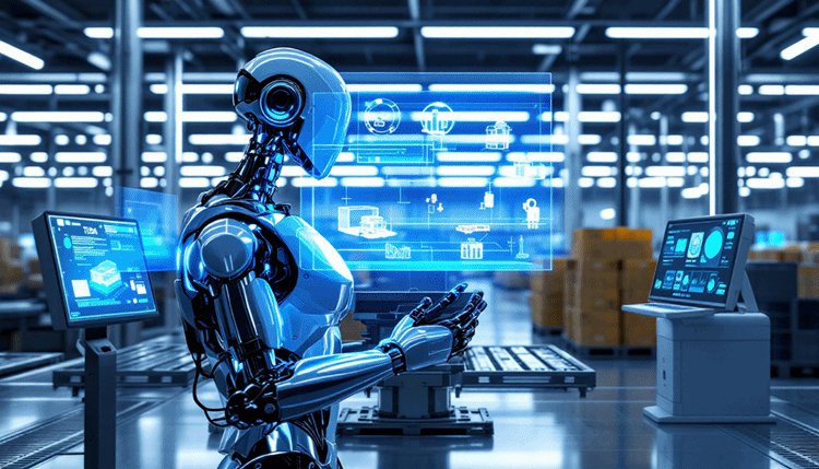 AI와 3D 비전, 디지털 트윈 기술을 활용하는 지능형 산업용 로봇의 미래 모습 이미지