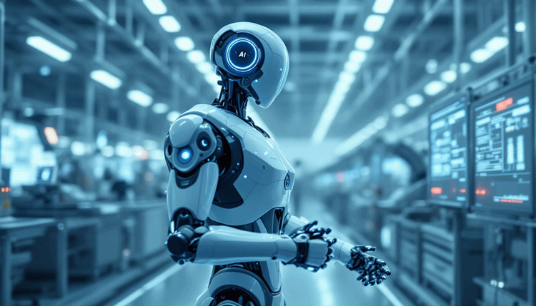 AI 비전과 자율 이동 기능을 갖춘 미래형 협동로봇이 스마트 팩토리에서 작업하는 모습