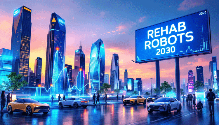 글로벌 재활로봇 시장 동향과 산업 전망을 나타내는 그래프와 미래 도시 전경