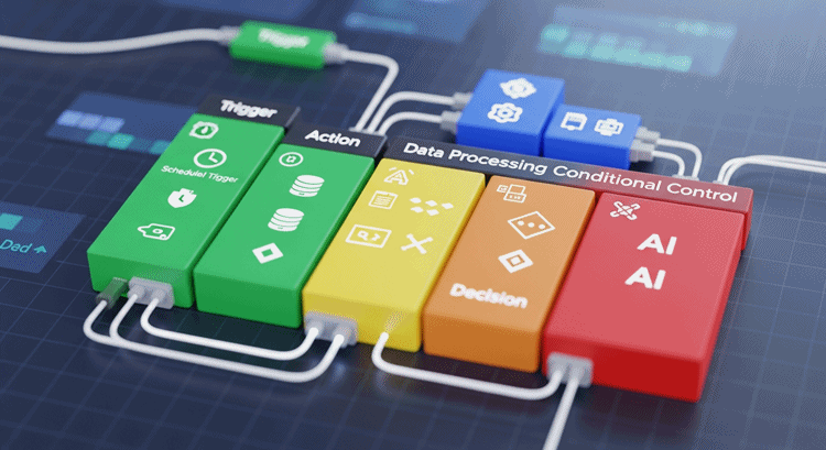 n8n 노드 종류 및 기능을 보여주는 다양한 카테고리별 컴퓨터 노드 이미지